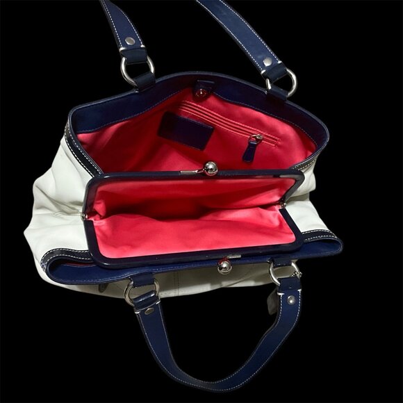 Coach Beige & Navy Leather Tote Handbag With Kiss Lock Closure & Front Zipper Po - Picture 8 of 11